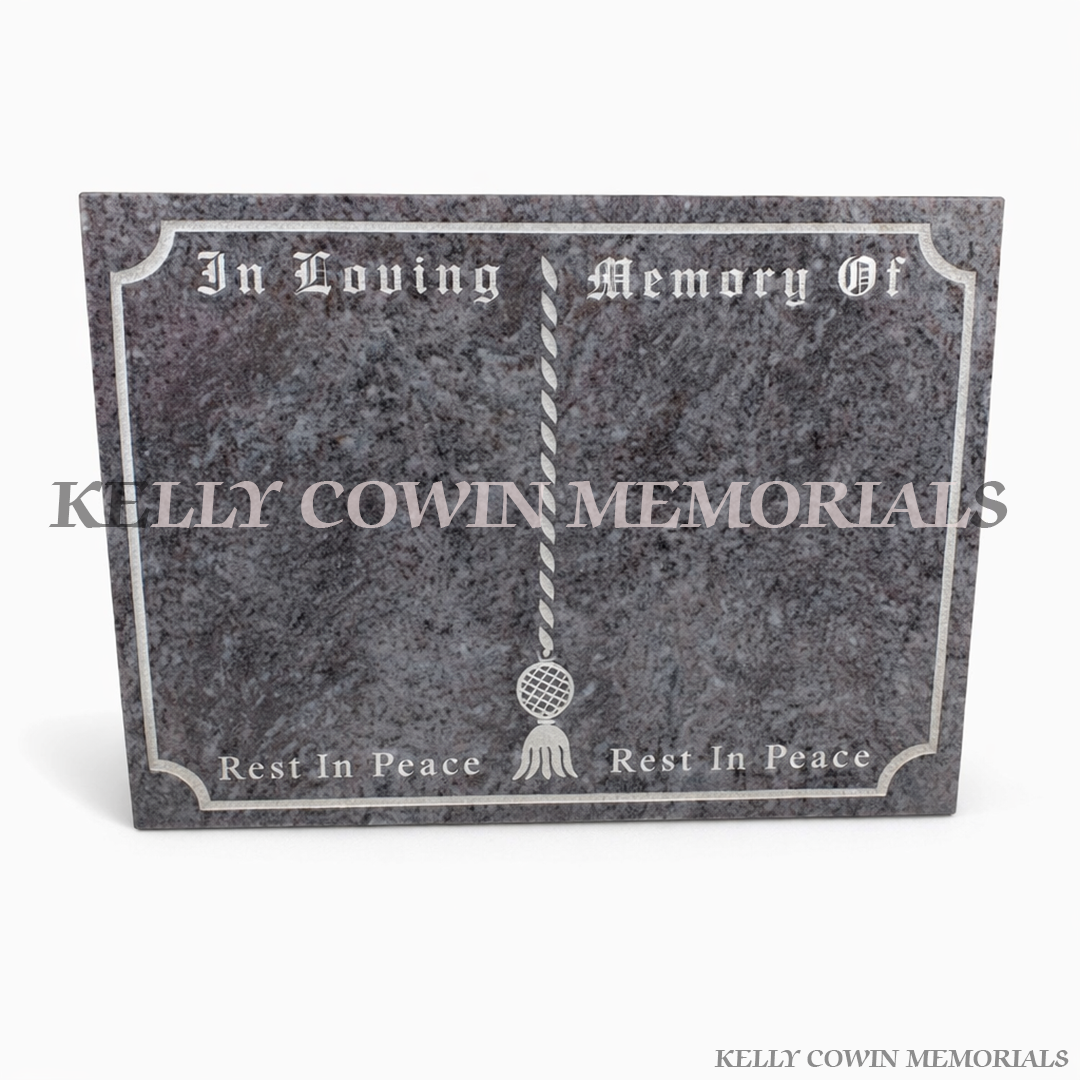 Blue Lagoon granite book plaque grave accessory with engraved border, available locally and nationwide in Ireland