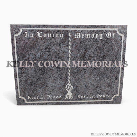 Blue Lagoon granite book plaque grave accessory with engraved border, available locally and nationwide in Ireland