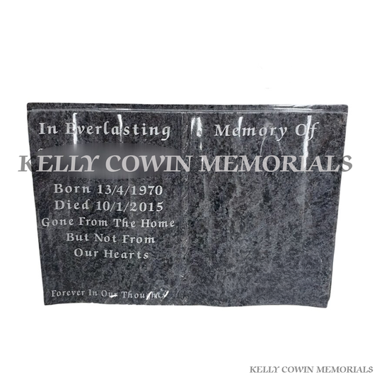 Blue Lagoon granite open book grave accessory memorial plaque with personalised engraving, available locally and nationwide in Ireland