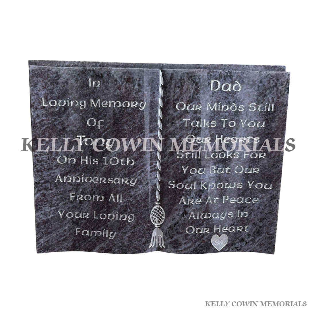 blue lagoon granite book memorial with silver engraved lettering and image personalised plaque Ireland