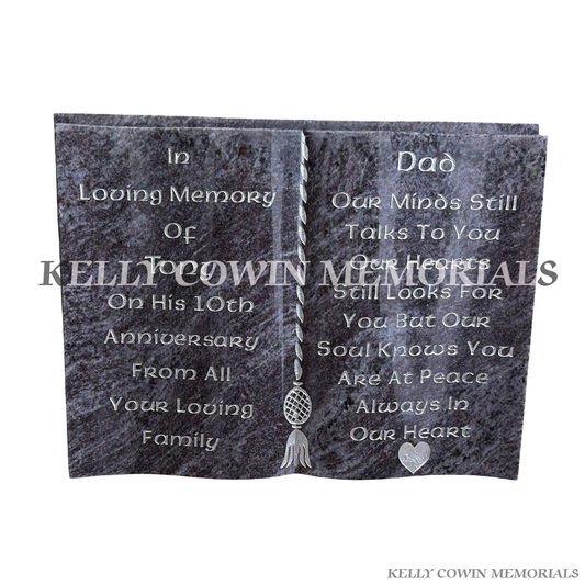 blue lagoon granite book memorial with silver engraved lettering and image personalised plaque Ireland