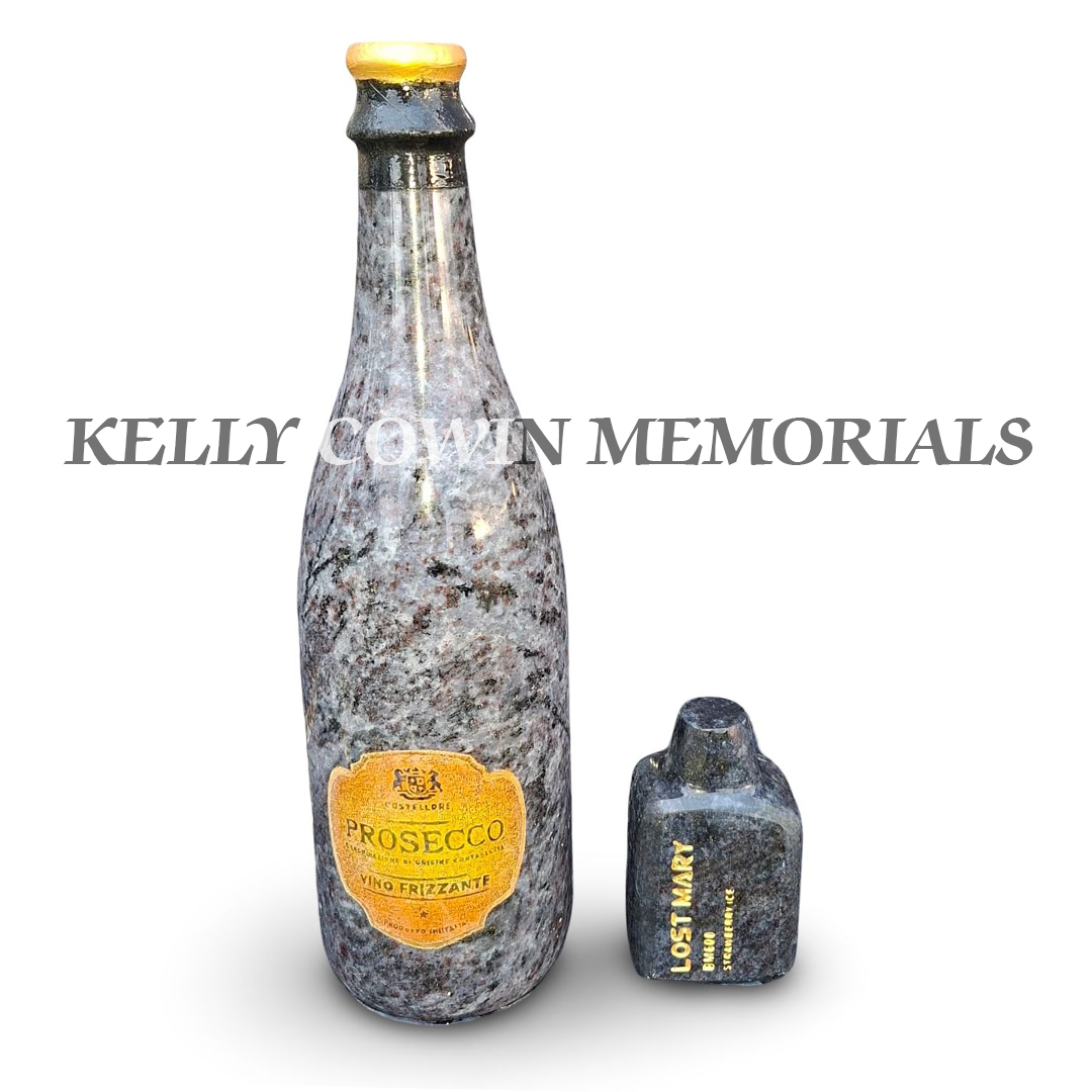 Front view of Blue Lagoon granite Prosecco bottle and vape memorial accessory