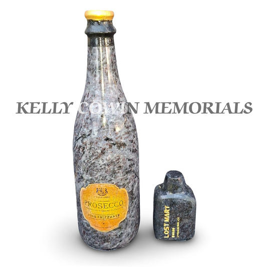 Front view of Blue Lagoon granite Prosecco bottle and vape memorial accessory