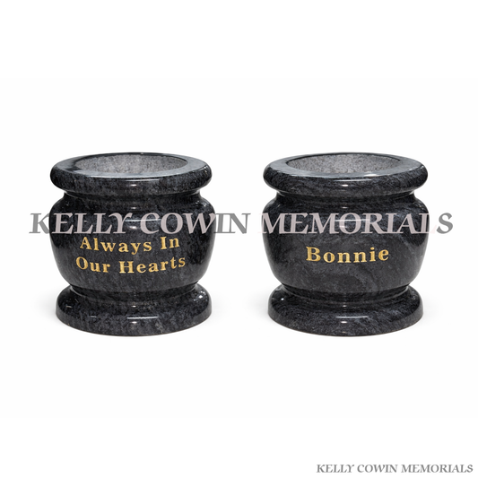Blue Lagoon granite classic rounded memorial vase with personalised gold lettering by Kelly Cowin Memorials Ireland, available locally and nationwide.
