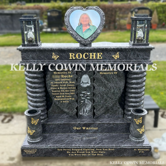Front view of Blue Lagoon broken heart headstone with gold leaf inscription in Newlands Cross