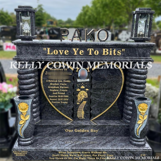 Front view of custom Blue Lagoon broken heart headstone with gold inscription and ceramic photo in Newlands Cross Cemetery Dublin