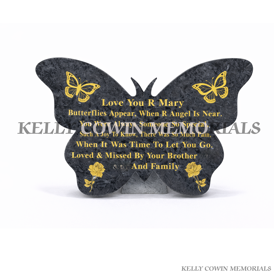 Blue lagoon granite butterfly shaped memorial plaque personalised, made by Kelly Cowin Memorials Ireland