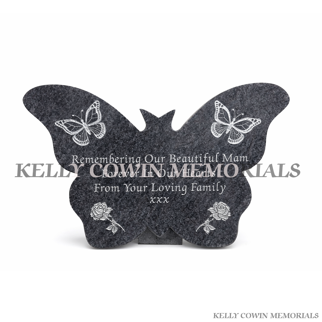 Blue Lagoon granite butterfly memorial plaque with engraved butterflies and roses by Kelly Cowin Memorials Ireland – personalised plaque local and nationwide service