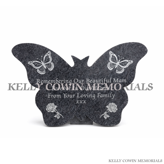 Blue Lagoon granite butterfly memorial plaque with engraved butterflies and roses by Kelly Cowin Memorials Ireland – personalised plaque local and nationwide service