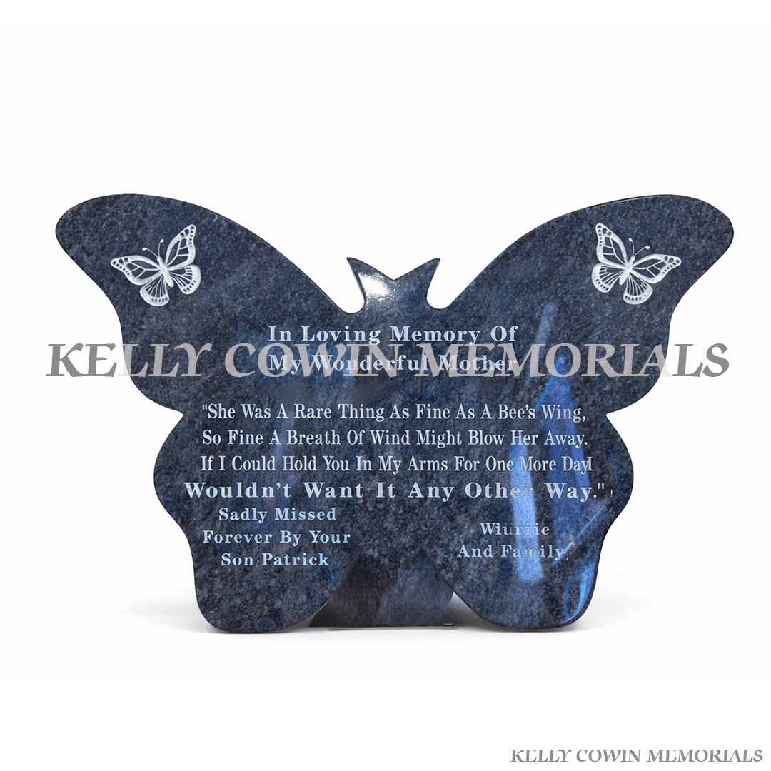 Blue Lagoon granite butterfly memorial plaque with engraved butterflies by Kelly Cowin Memorials Ireland – personalised memorial plaque local and nationwide service