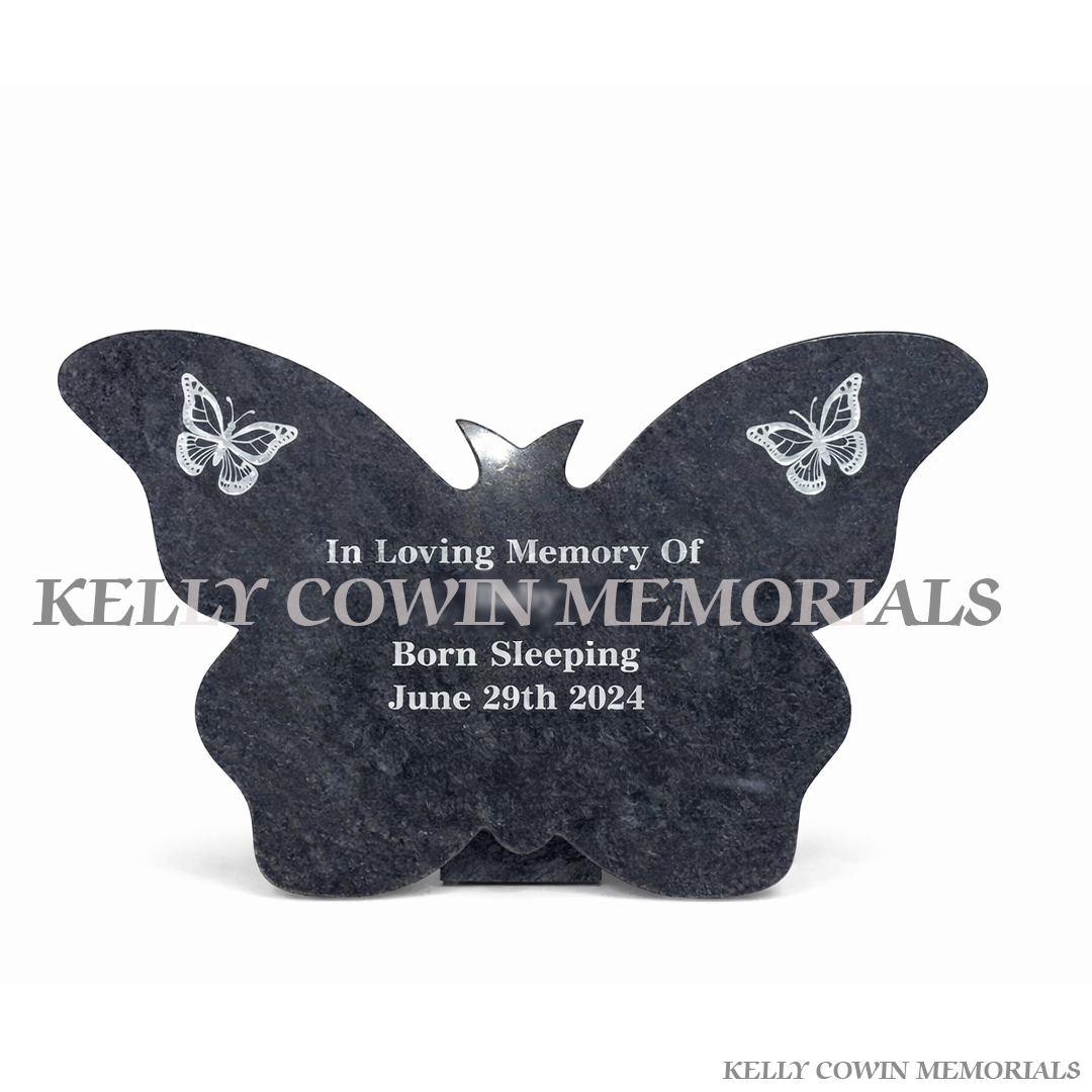 Blue Lagoon granite butterfly memorial plaque personalised for baby memorial by Kelly Cowin Memorials Ireland – local and nationwide service available