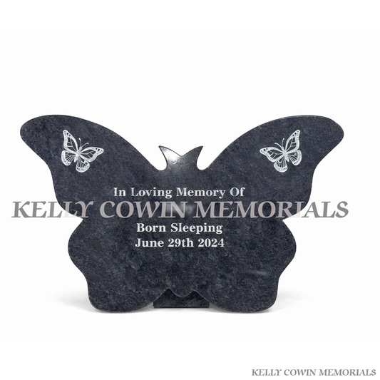 Blue Lagoon granite butterfly memorial plaque personalised for baby memorial by Kelly Cowin Memorials Ireland – local and nationwide service available