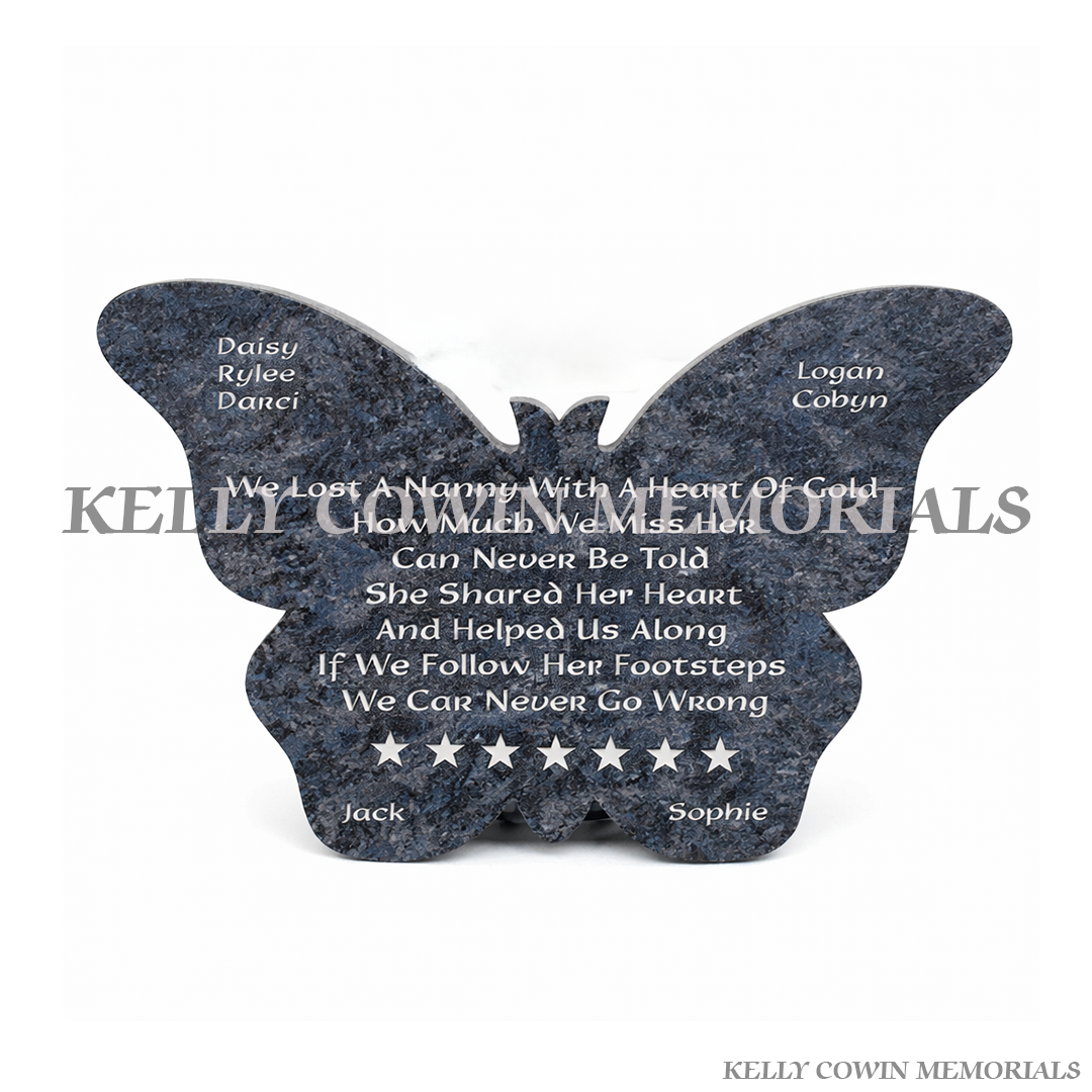 Blue Lagoon granite butterfly shaped memorial plaque with personalised engraved inscription by Kelly Cowin Memorials Dublin Ireland