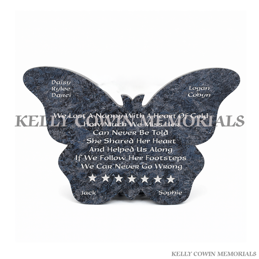 Blue Lagoon granite butterfly shaped memorial plaque with personalised engraved inscription by Kelly Cowin Memorials Dublin Ireland
