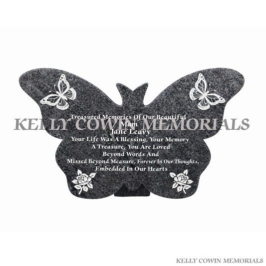 Blue Lagoon granite butterfly memorial plaque with engraved detailing by Kelly Cowin Memorials Ireland, available locally and nationwide.