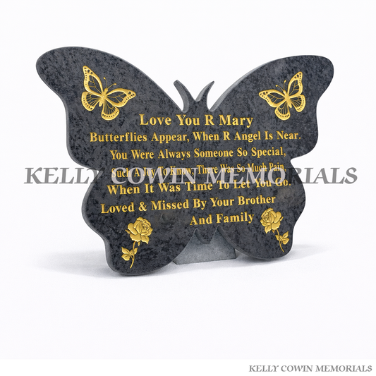 Blue lagoon granite butterfly shaped memorial plaque personalised, made by Kelly Cowin Memorials Ireland