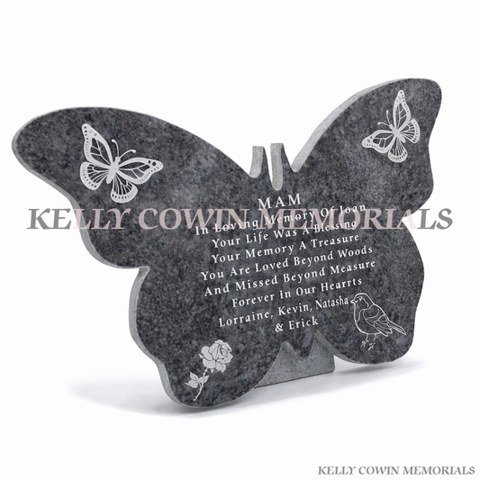 Blue Lagoon granite butterfly shaped memorial plaque personalised for Mam by Kelly Cowin Memorials Dublin Ireland