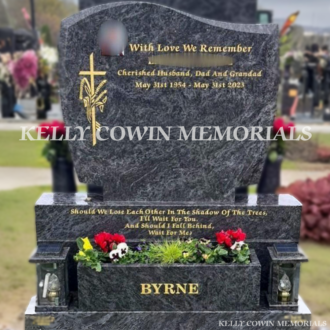 Blue Lagoon granite C1 headstone with gold inscription erected in Balgriffin Cemetery Dublin by Kelly Cowin Memorials
