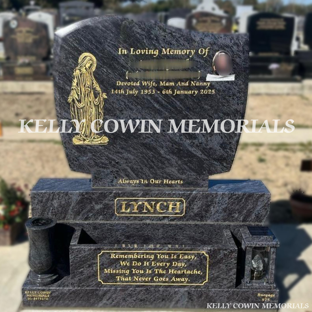Front view of Blue Lagoon C1 headstone with gold inscription, flower box and oval ceramic photograph in Balgriffin Cemetery Dublin