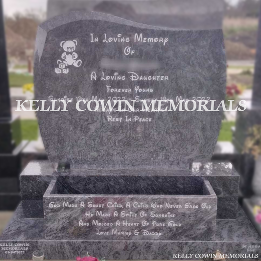 Blue Lagoon granite C1 headstone with white inscription on sub-base, base and plinth in Balgriffin Cemetery