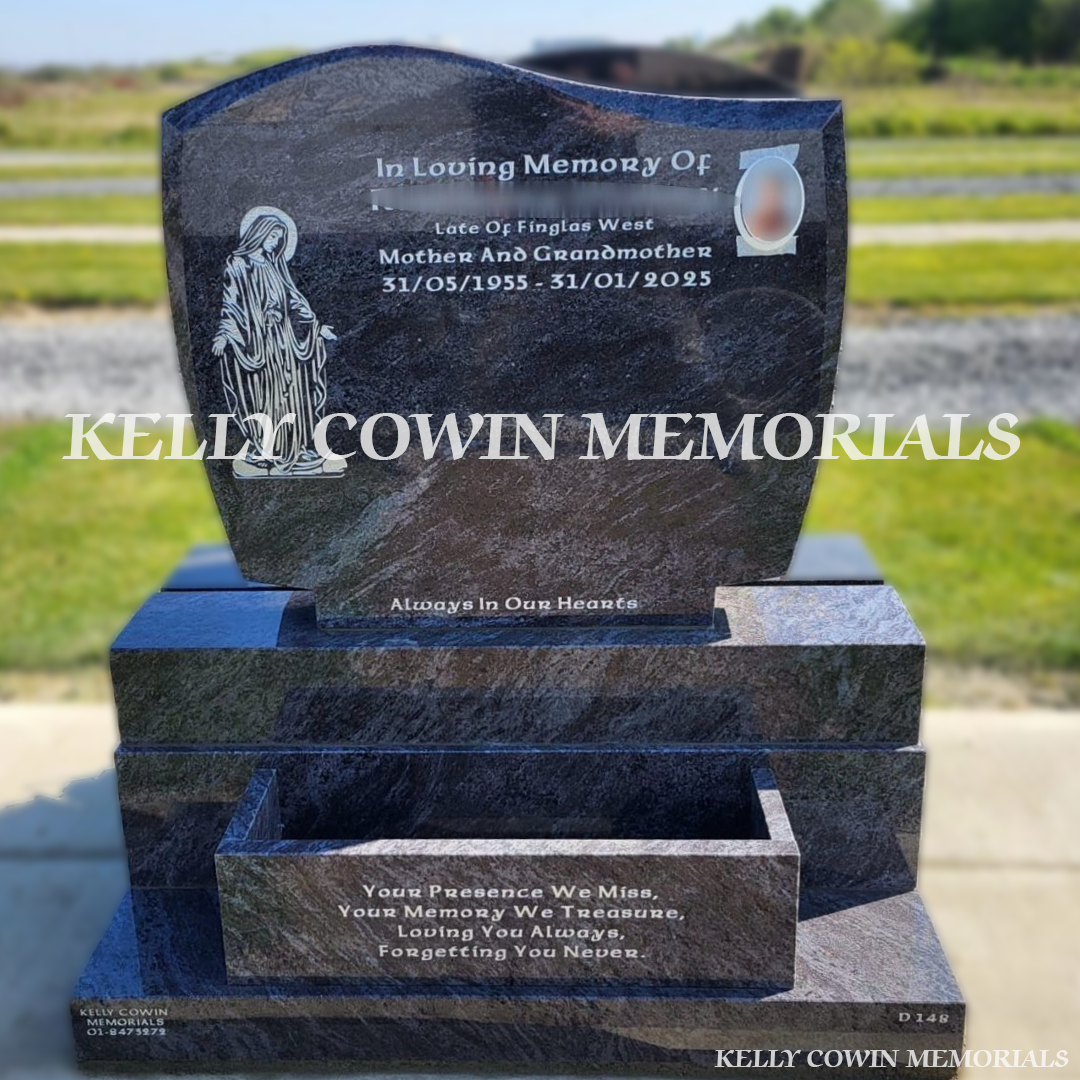 Front view of Blue Lagoon C1 headstone with silver inscription and oval ceramic photograph in Dardistown Cemetery Dublin