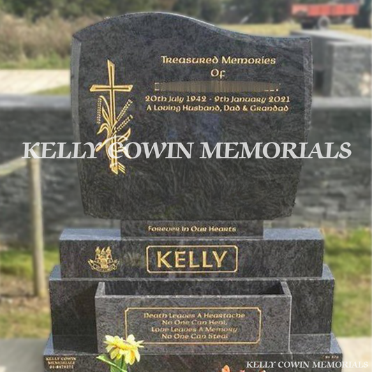 Front view of Blue Lagoon C1 headstone with gold inscription and flower box in Dardistown Cemetery Dublin