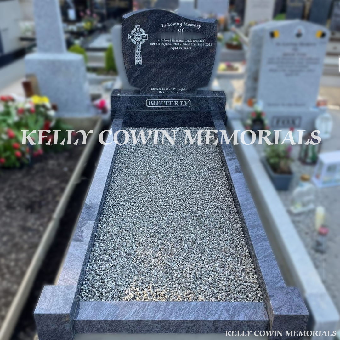 Front view of Blue Lagoon C1 headstone with silver inscription in Donabate Cemetery