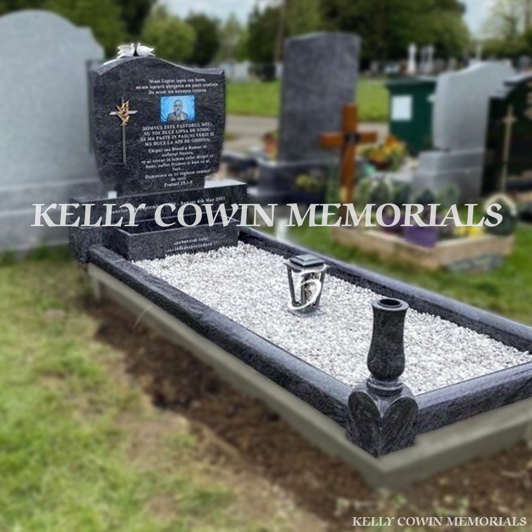 Front view of Blue Lagoon C1 headstone with silver inscription and laser image in Dublin Cemetery