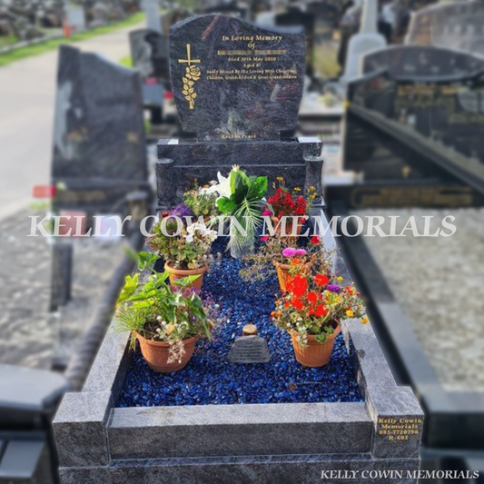 Blue Lagoon granite C1 headstone with kerbing erected in Fingal Cemetery Dublin by Kelly Cowin Memorials