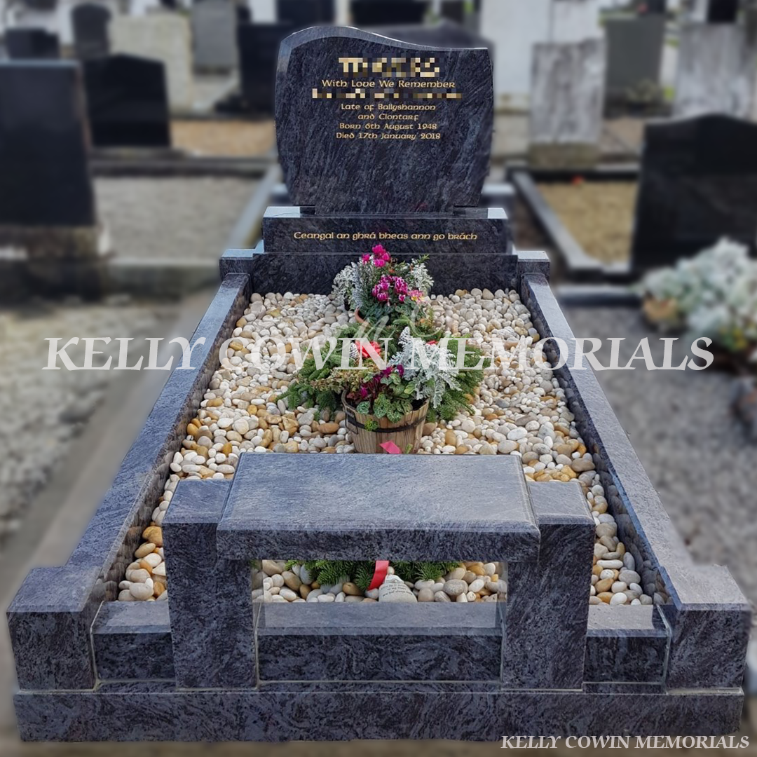 Blue Lagoon granite C1 headstone with kerbing and bench erected in Fingal Cemetery Dublin by Kelly Cowin Memorials