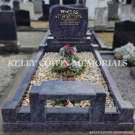 Blue Lagoon granite C1 headstone with kerbing and bench erected in Fingal Cemetery Dublin by Kelly Cowin Memorials