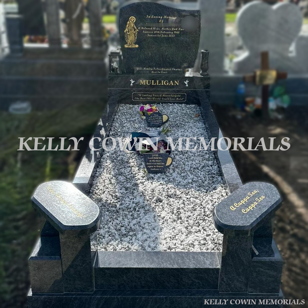 Blue Lagoon granite C1 headstone with kerbing erected in Fingal Cemetery Dublin by Kelly Cowin Memorials