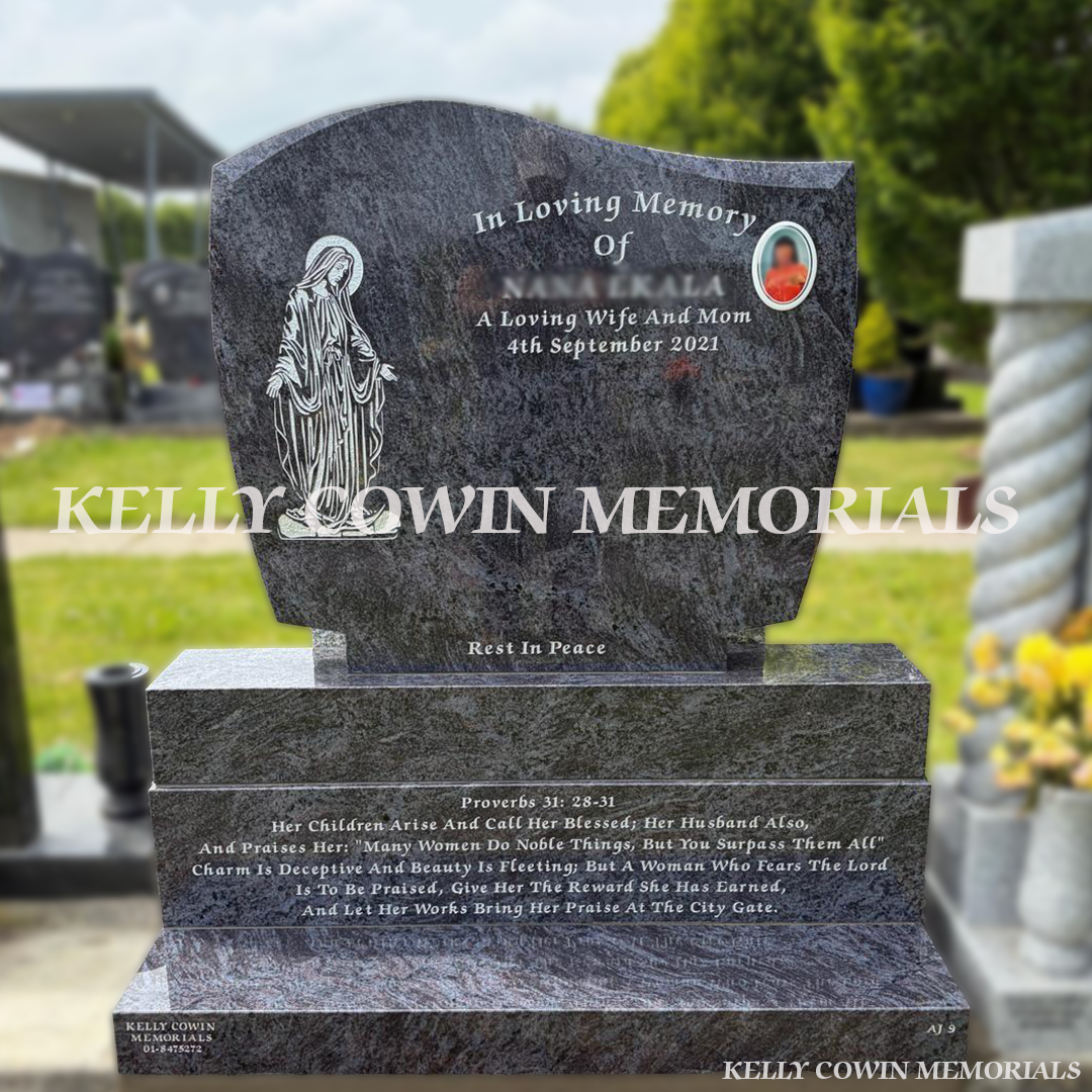 Blue Lagoon C1 headstone with engraved Our Lady image, silver inscription and ceramic memorial photo professionally installed in Flemington Cemetery by Kelly Cowin Memorials.