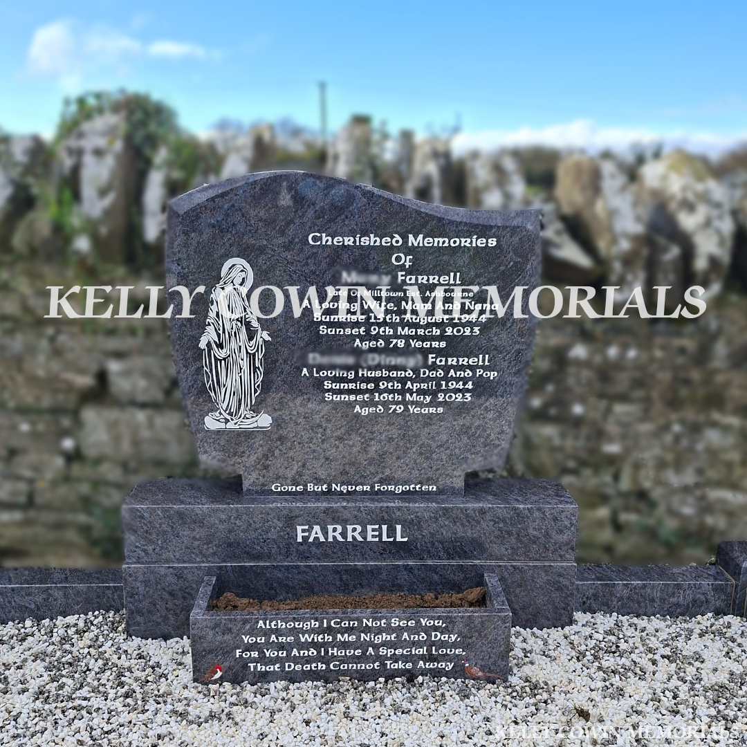 Front close up view of Blue Lagoon C1 headstone with silver inscription in Greenogue Cemetery Meath