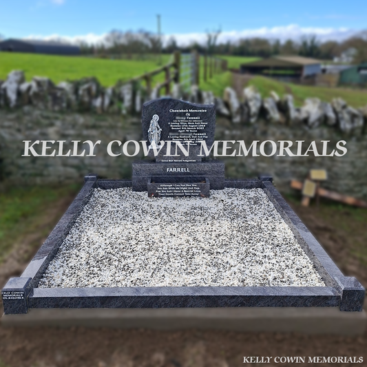 Front view of Blue Lagoon C1 headstone with silver inscription in Greenogue Cemetery Meath