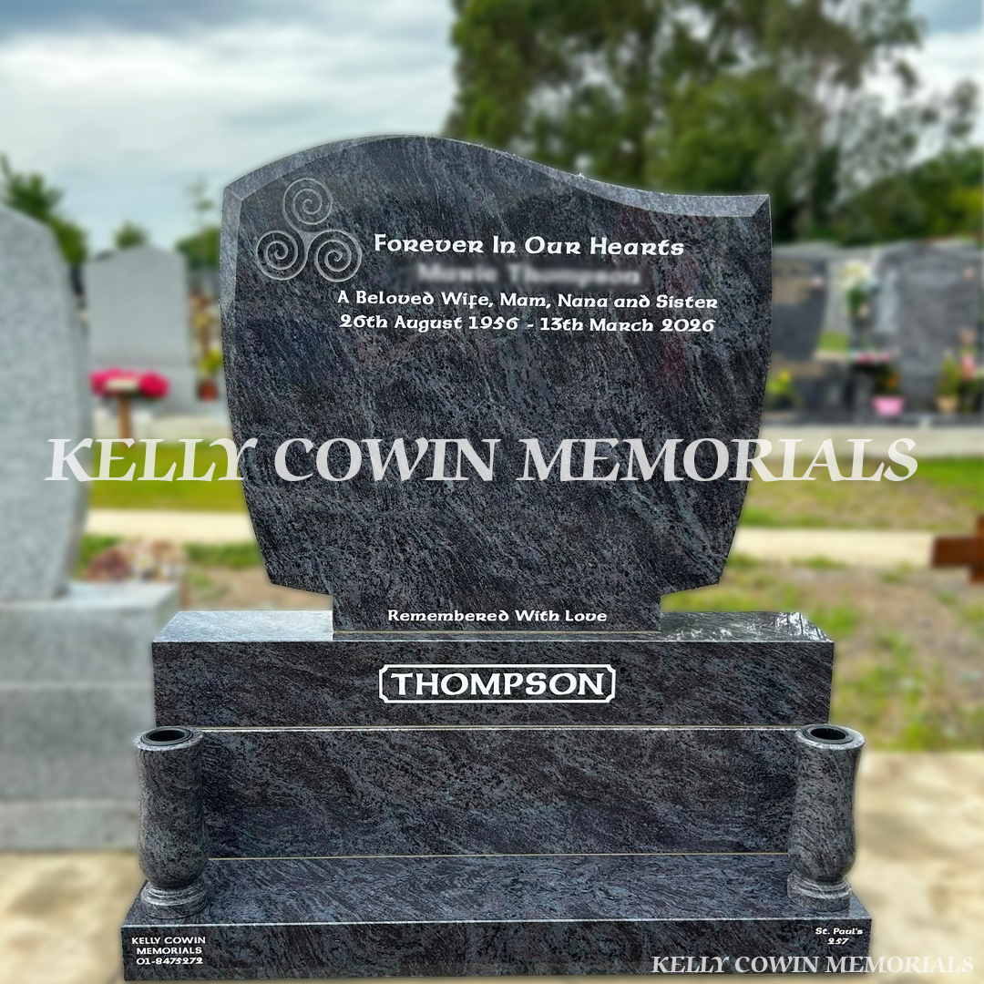 Blue Lagoon C1 granite headstone with silver inscription and twin granite vases in Balgriffin Cemetery Dublin