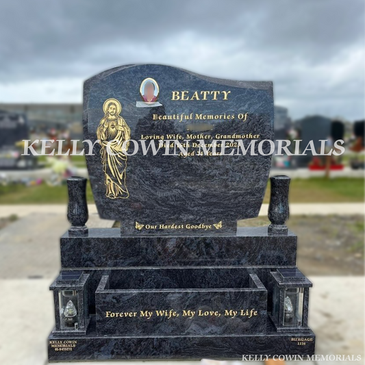 Blue Lagoon granite C1 headstone erected in Balgriffin Cemetery Dublin by Kelly Cowin Memorials