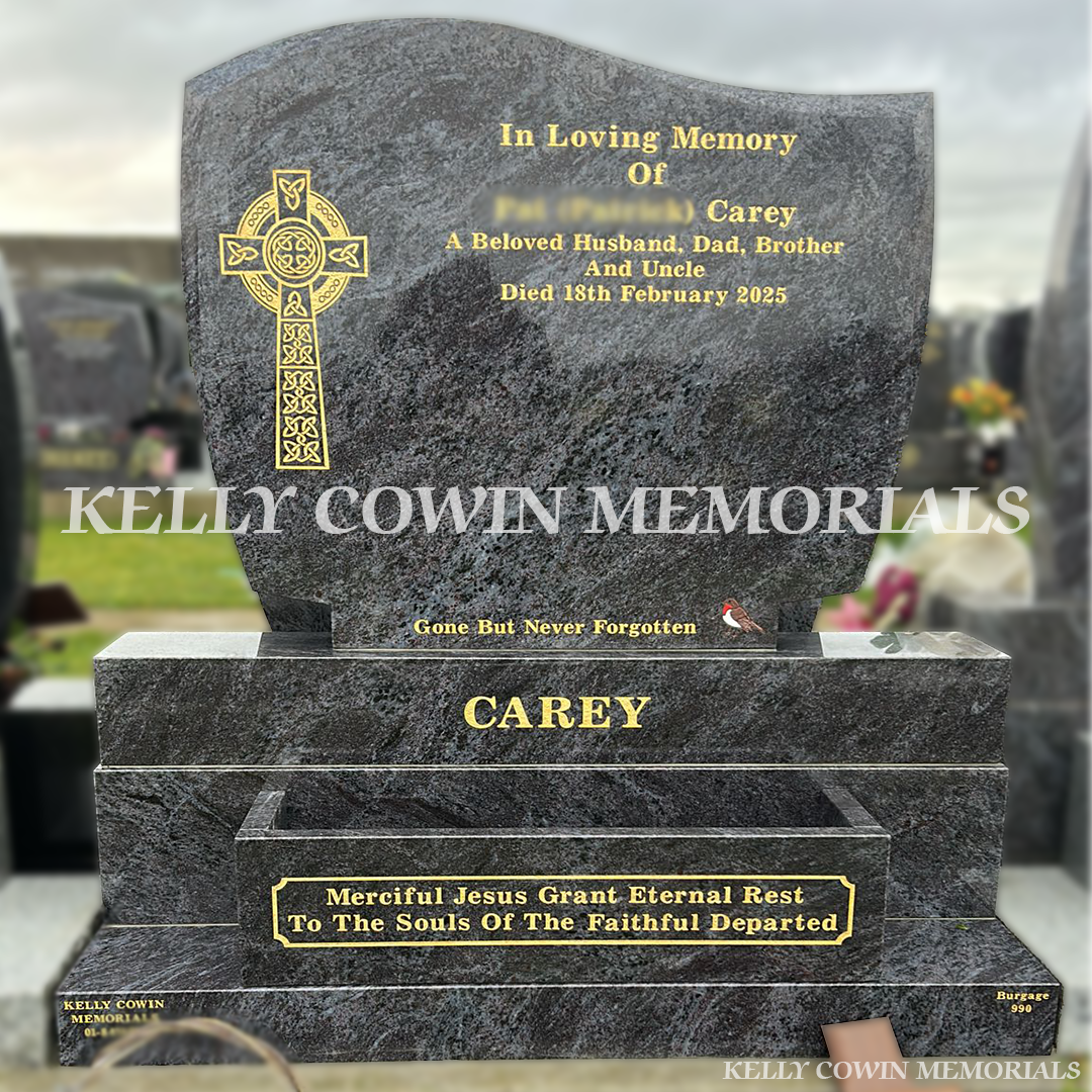 Blue Lagoon C1 granite headstone  installed in Balgriffin Cemetery by Kelly Cowin Memorials.