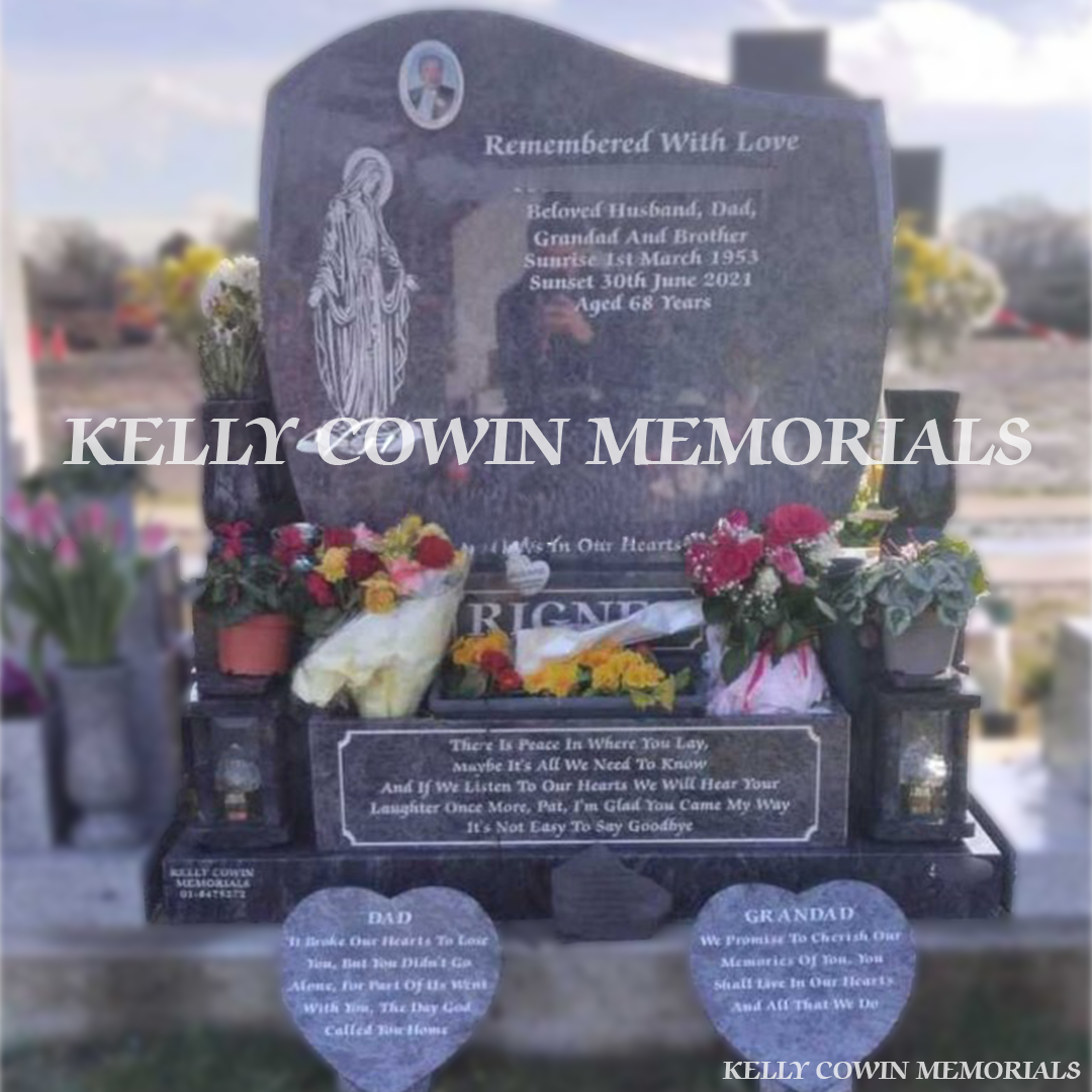 Front view of Blue Lagoon C1 headstone with heart plaques and flower box erected in Balgriffin Cemetery Dublin by Kelly Cowin Memorials