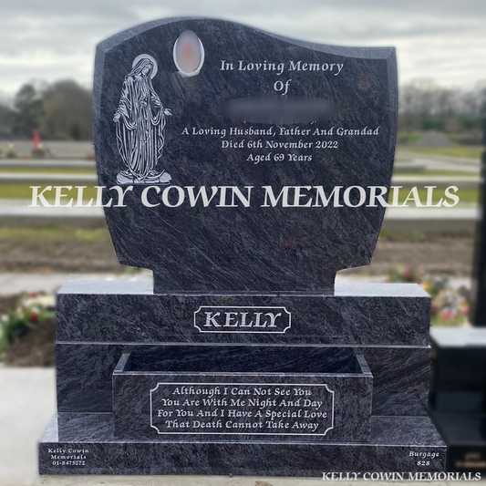 Front view of Blue Lagoon C1 headstone with flower box and oval photograph in Balgriffin Cemetery Dublin by Kelly Cowin Memorials