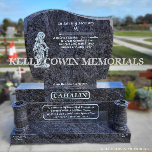 Blue Lagoon granite C1 headstone erected in Balgriffin Cemetery Dublin by Kelly Cowin Memorials