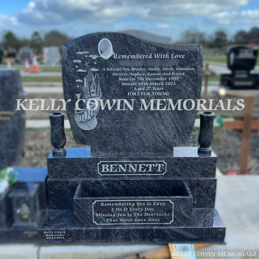Blue Lagoon granite C1 headstone erected in Balgriffin Cemetery Dublin by Kelly Cowin Memorials
