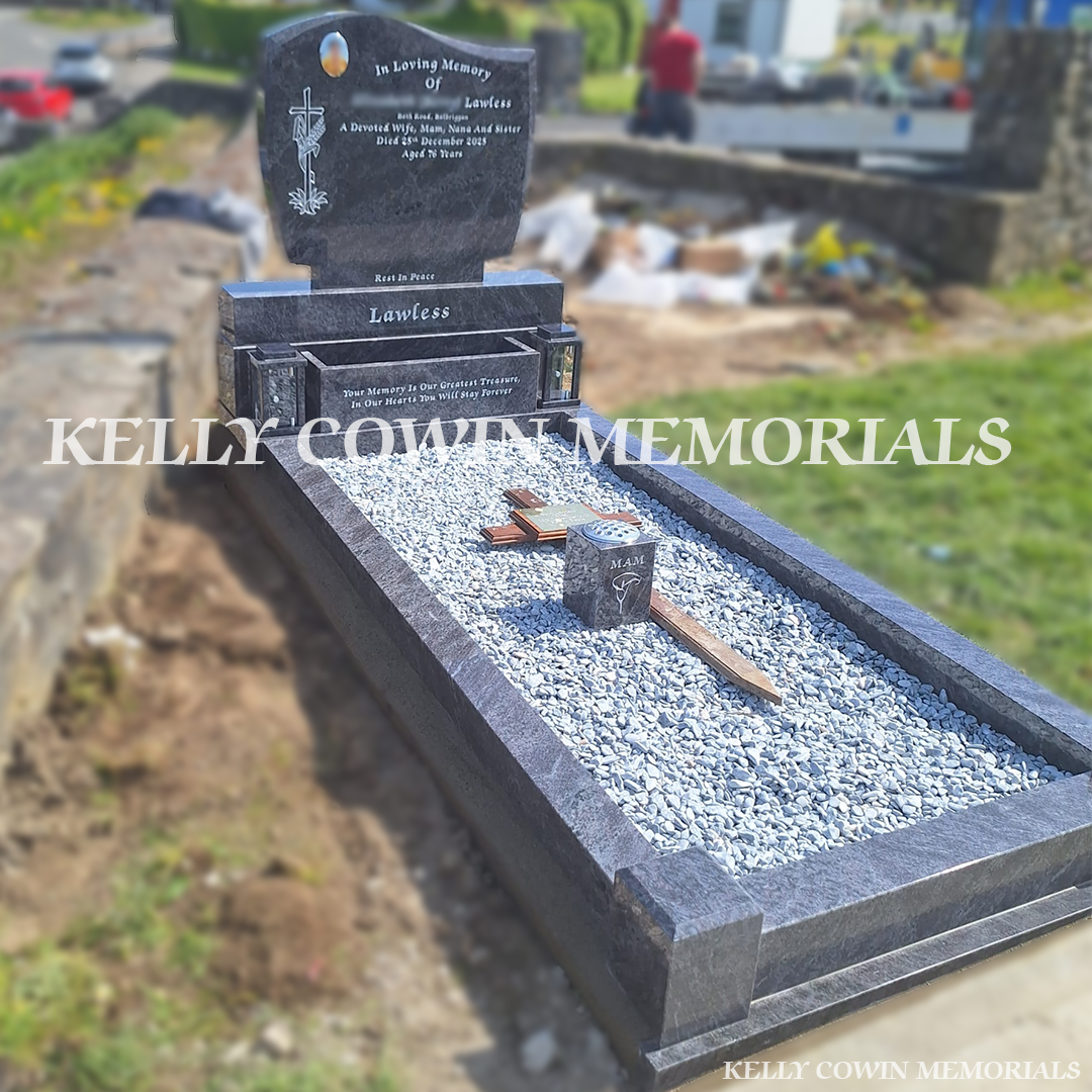 Side view of Blue Lagoon memorial with kerbing and ice blue chippings