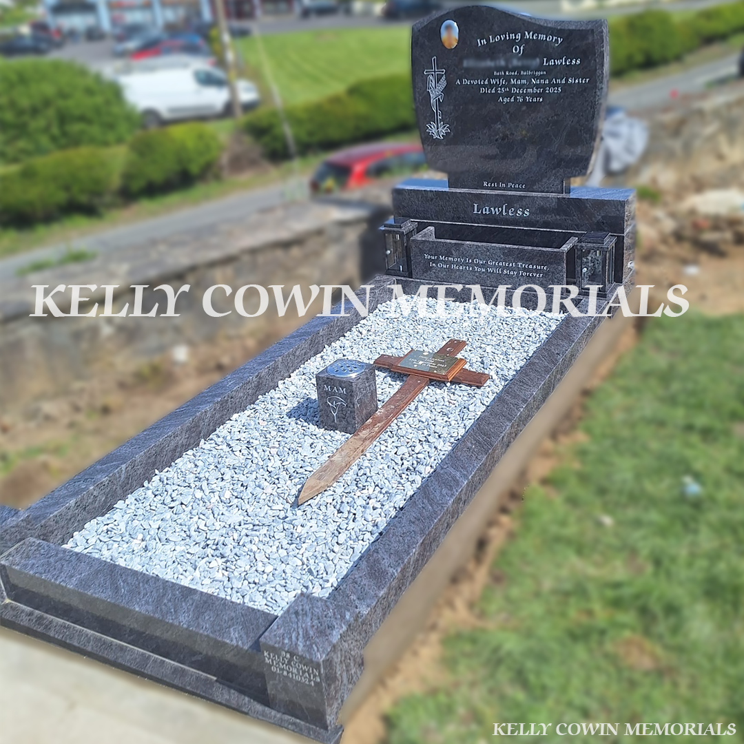 Side view of Blue Lagoon memorial with kerbing and ice blue chippings