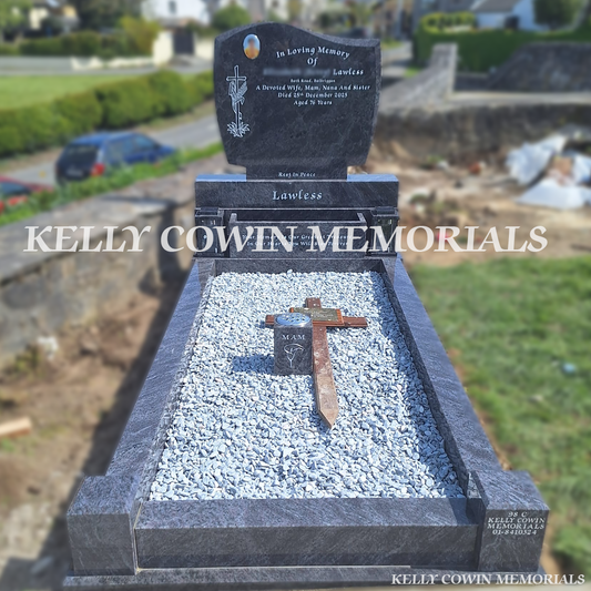 Front view of Blue Lagoon C1 headstone with silver inscription in Balrothery Cemetery