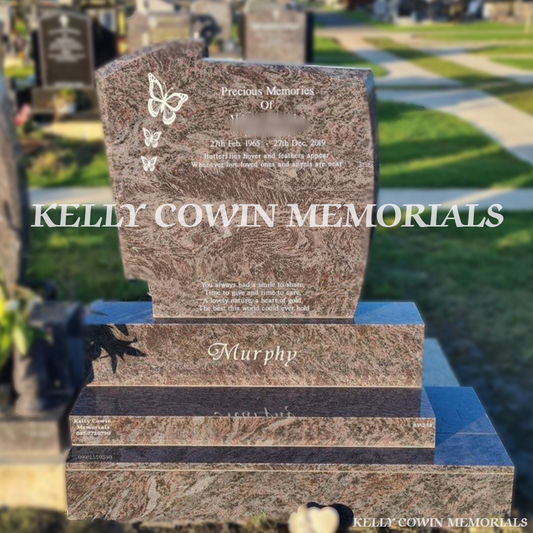 Front view of Blue Lagoon C1 headstone with silver inscription on base and plinth in Dardistown Cemetery Dublin