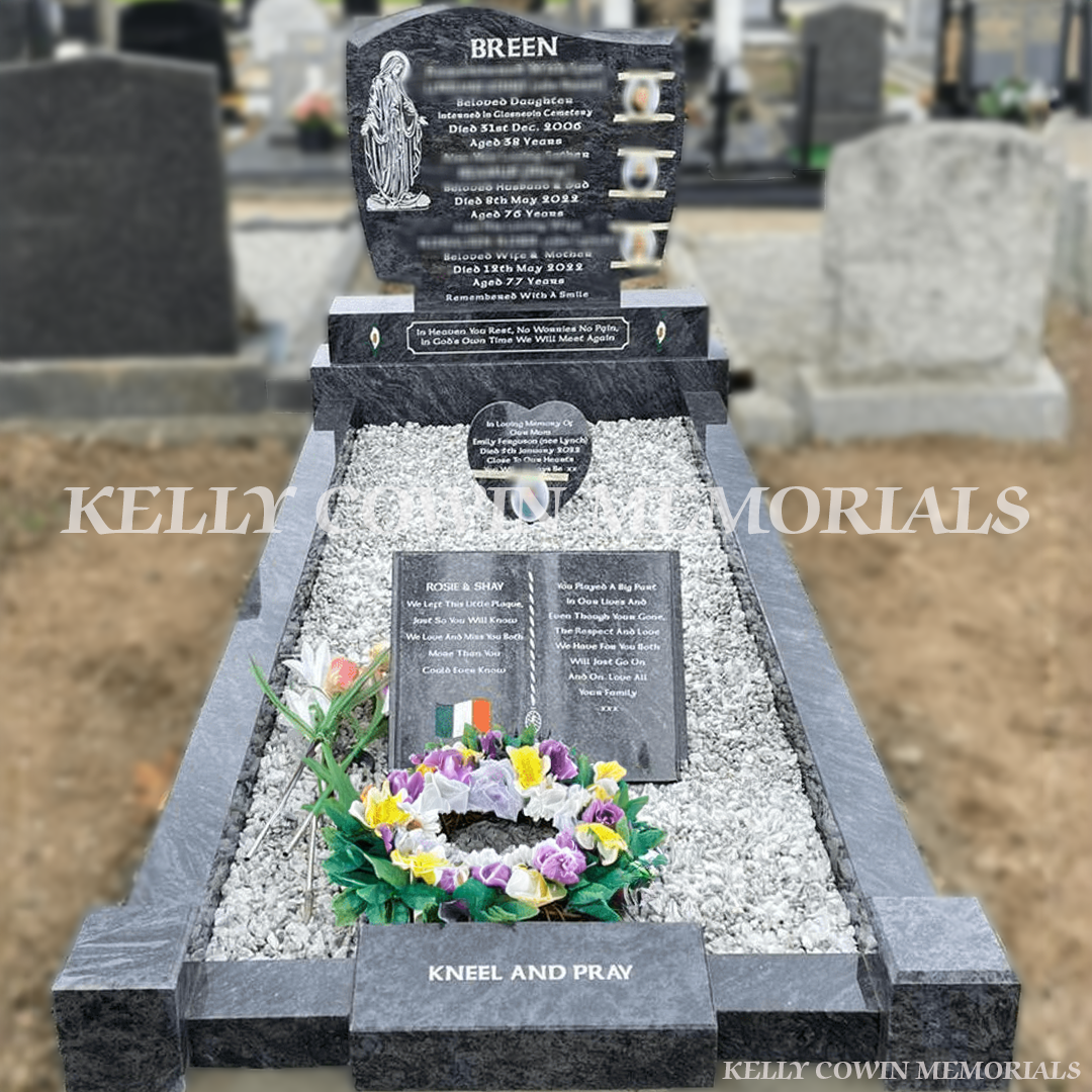 Blue Lagoon granite C1 headstone with kerbing and kneel and pray erected in Fingal Cemetery Dublin by Kelly Cowin Memorials