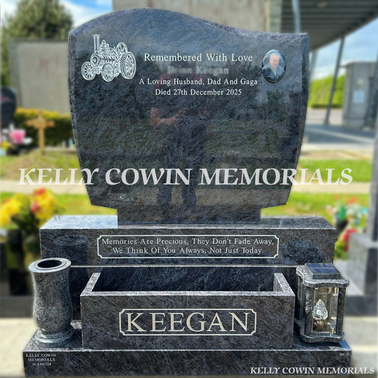 Blue Lagoon C1 granite memorial headstone with silver lettering, base, sub base and plinth installed in Flemington Cemetery by Kelly Cowin Memorials