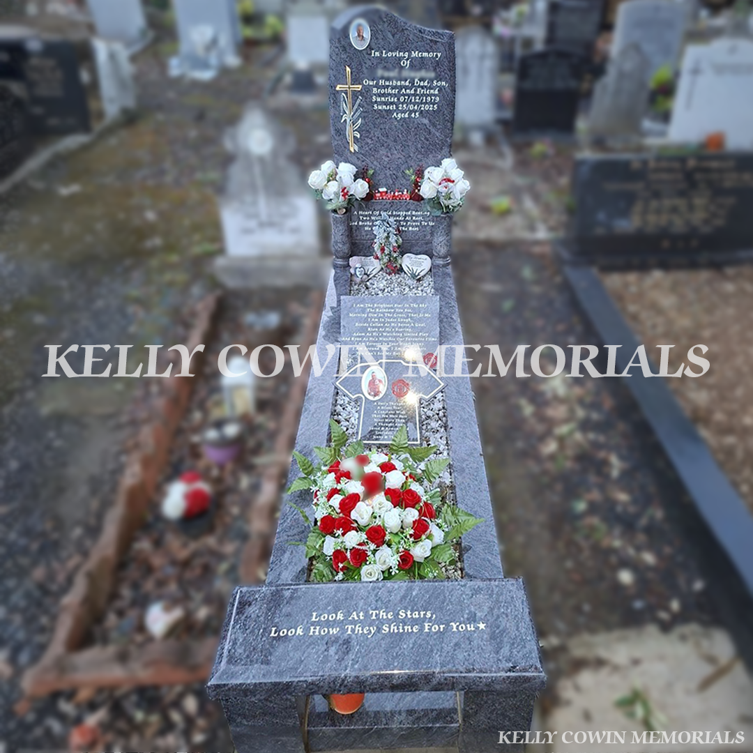 Blue Lagoon C1 Headstone With Granite Bench — Glasnevin Cemetery - Kelly Cowin Memorials