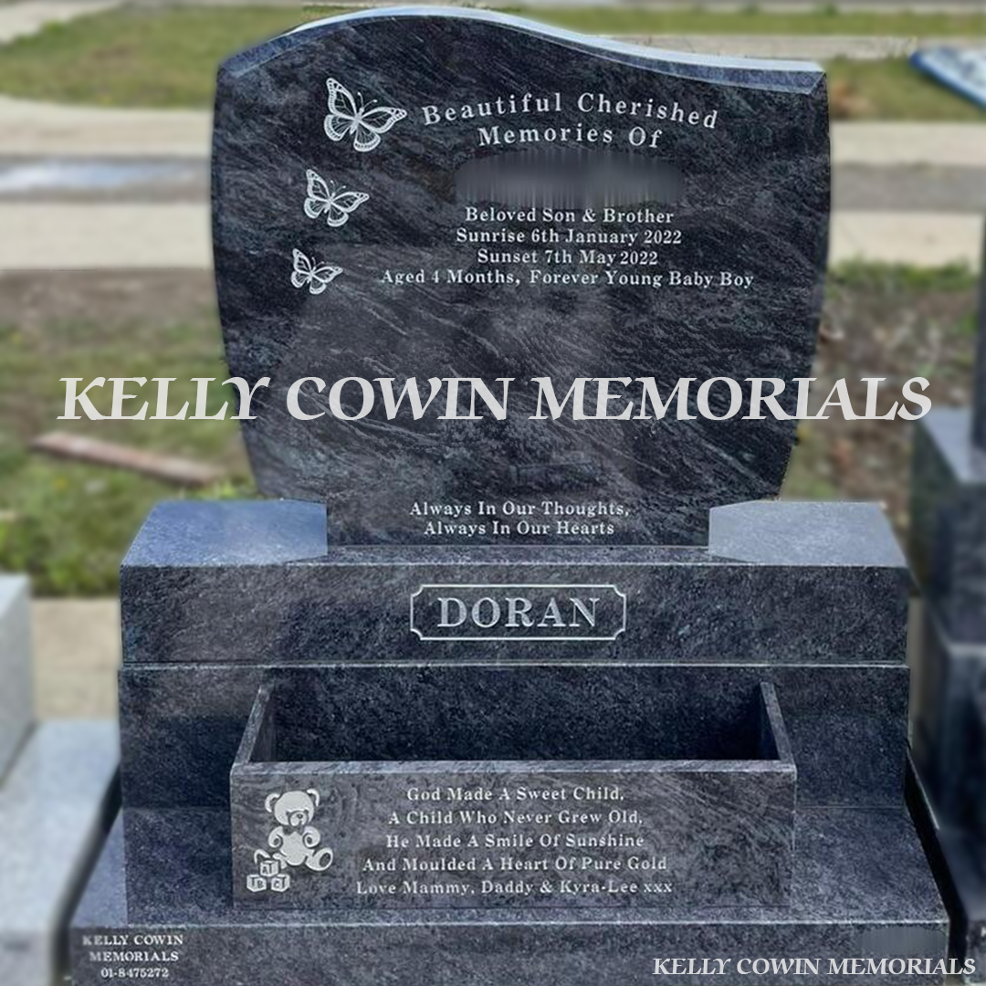 Front view of Blue Lagoon C1 headstone with silver inscription in Balgriffin Cemetery Dublin